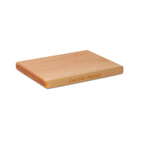 Medium maple chopping board by Treeboard, with engraving reading "carne - meat." These cutting boards are organic.