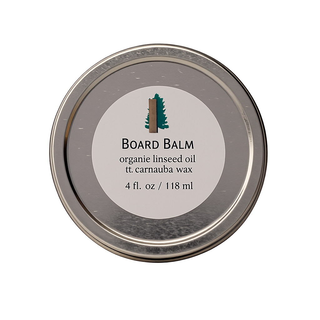 Organic board balm by Treeboard, in a tin. Made from organic carnauba wax and raw organic linseed (flaxseed) oil, cold pressed.