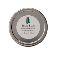 Organic board balm by Treeboard, in a tin. Made from organic carnauba wax and raw organic linseed (flaxseed) oil, cold pressed.