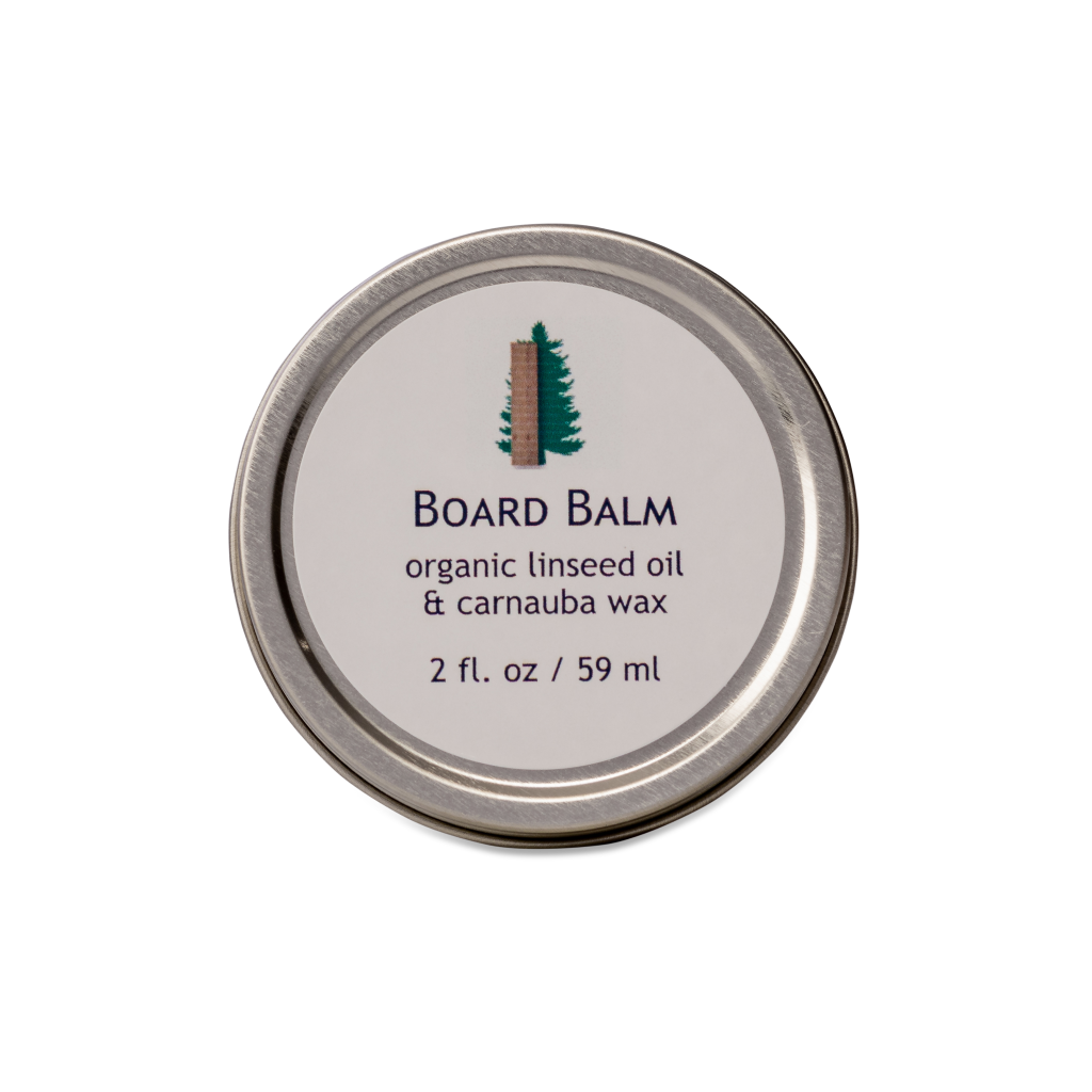 Organic board balm by Treeboard, in a 2 ounce tin. Made from organic carnauba wax and organic raw linseed oil, cold-pressed.