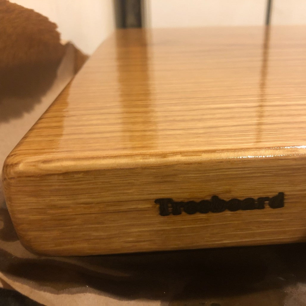 Treeboard logo detail for jumbo white oak chopping block or cutting board, the biggest boards we offer.