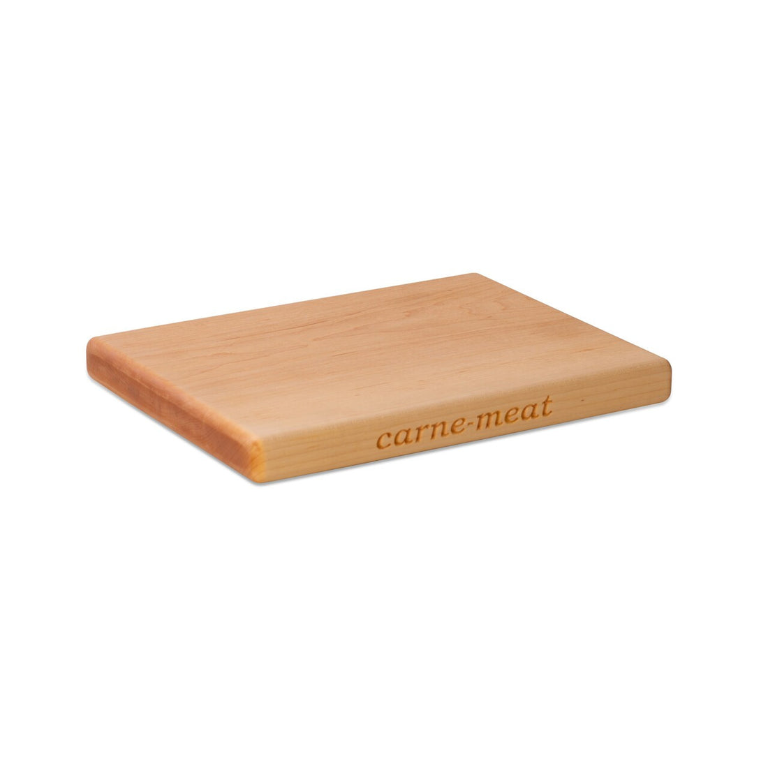 Medium maple chopping board by Treeboard, with engraving reading "carne - meat." These cutting boards are organic.